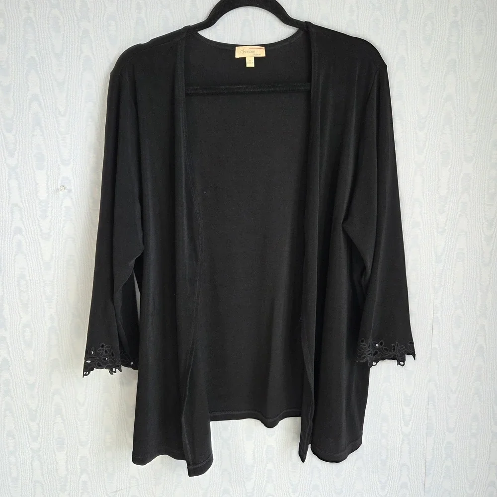 Vtg Choices Cardigan‎ Womens 3X Liquid Knit Open Front Eyelet Embroidered Cuffs